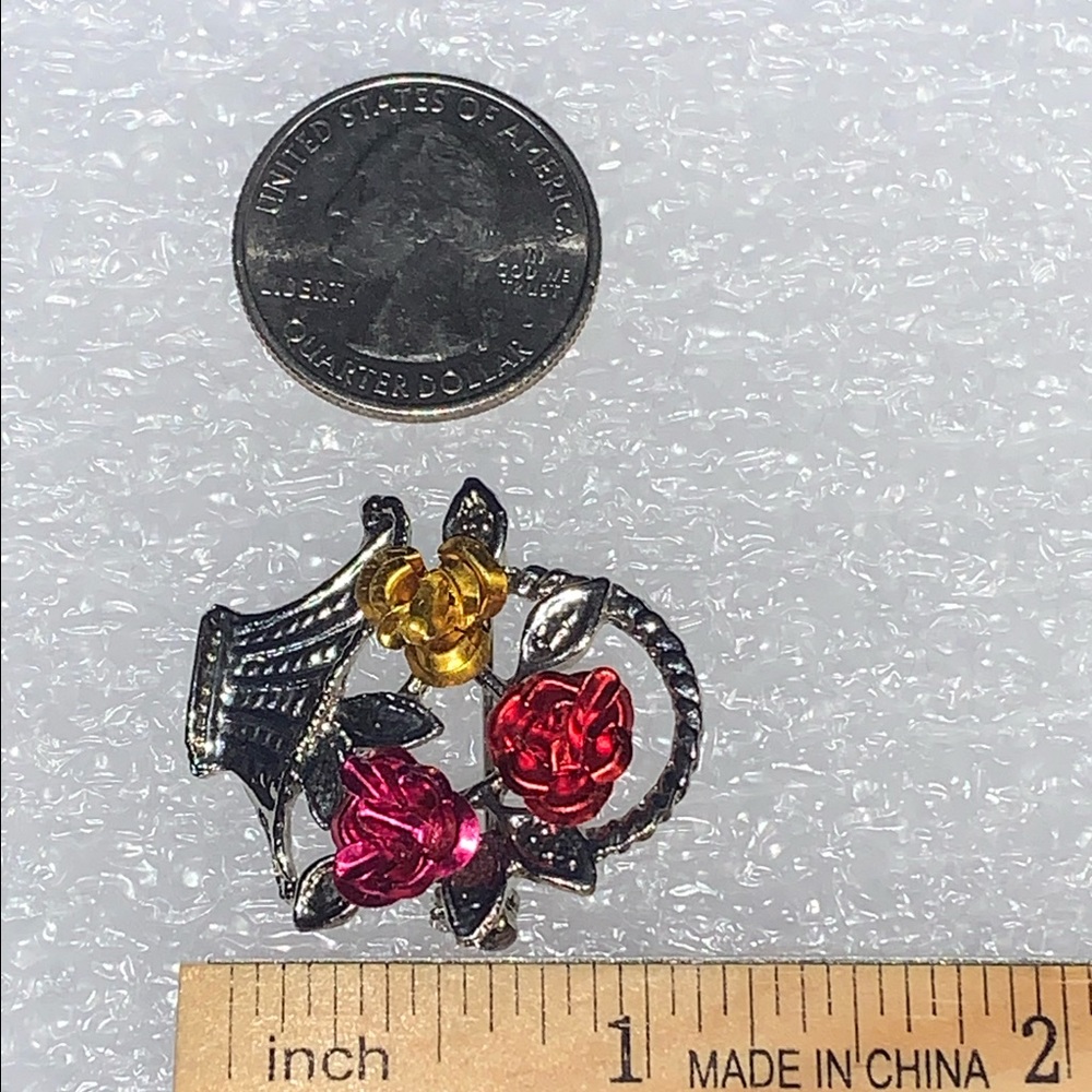 Red, Pink, & Gold Roses in Silver Tone Basket Brooch/Pin - Picture 7 of 16